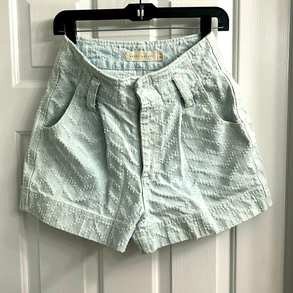 Happy Nature Kate Hudson Swiss Dot Hi-Waisted Buttonfly Denim Shorts